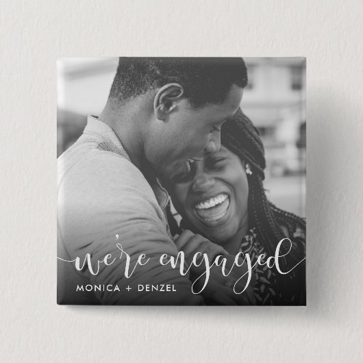 Modernes Chalkboard & Script Engagement Party Foto Button (Vorderseite)