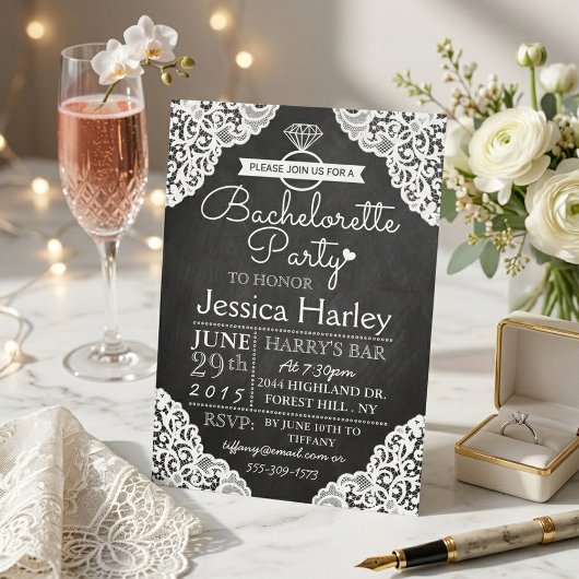 Modernes Chalkboard & White Lace Junggeselinnen-Ab Einladung