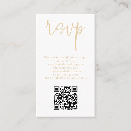 Modernes Champagne Gold Script QR Code Wedding RSV Begleitkarte (Vorderseite)