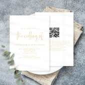Modernes Champagner Gold Script QR Code Hochzeit Einladung