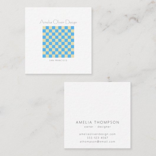 Modernes Checkerboard Blue Simple Stylish Custom Quadratische Visitenkarte (Vorne/Hinten)