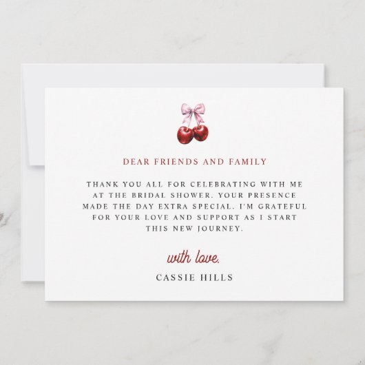 Modernes Cherry auf dem rosa Brautparty Dankeskarte (Rückseite)