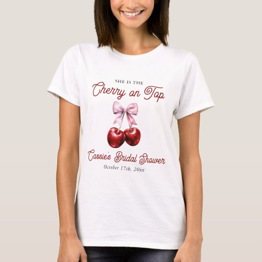 Modernes Cherry auf dem rosa Brautparty T-Shirt (Vorderseite)