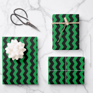 Modernes Chevron-Muster in Schwarz und Grün gestre Geschenkpapier Set