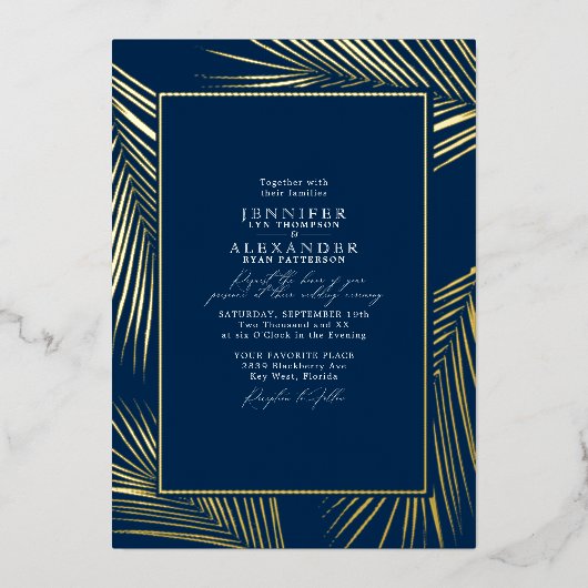 Modernes Chic Beach Palm & UAWG QR Code Hochzeit G Folieneinladung (Vorderseite)