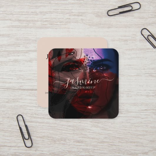 Modernes Chic Beauty Cream Beige Lässiges Script F Quadratische Visitenkarte (Vorderseite/Rückseite Beispiel)