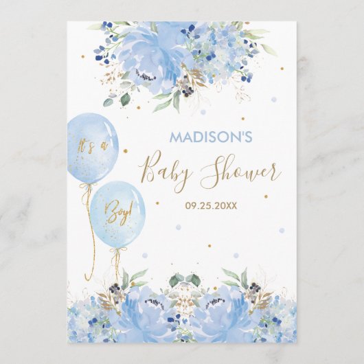 Modernes Chic Blue Floral Balloons Baby Duschmenü Programm (Rückseite)