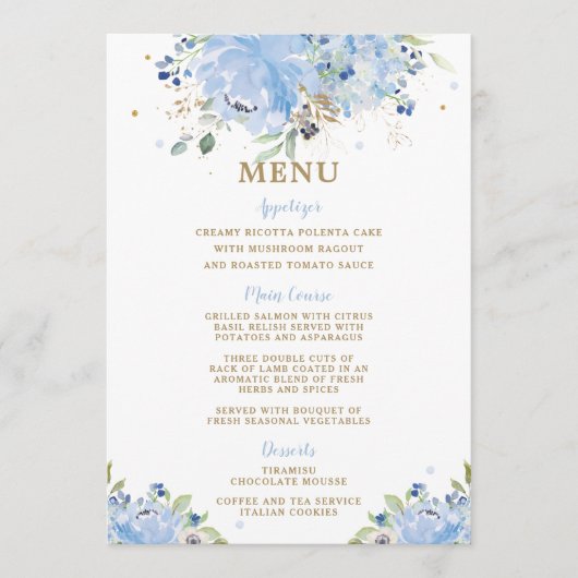 Modernes Chic Blue Floral Balloons Baby Duschmenü Programm (Vorderseite)