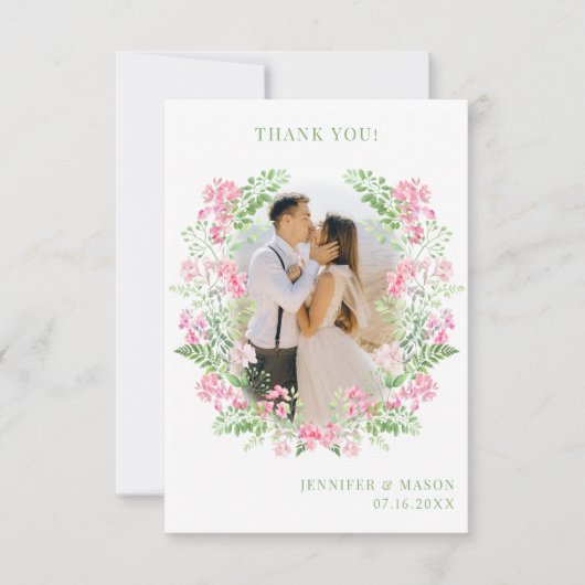 Modernes Chic Boho Pink Floral Wedding Foto Dankeskarte (Vorderseite)