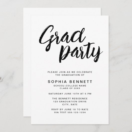 Modernes Chic Brush Script Black & White Grad Part Einladung (Vorne/Hinten)