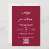 Modernes Chic Burgundy Foto Script QR Code Hochzei Einladung (Vorderseite)