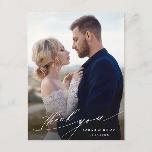 Modernes Chic Calligraphy Wedding Foto Vielen Dank Postkarte (Vorderseite)