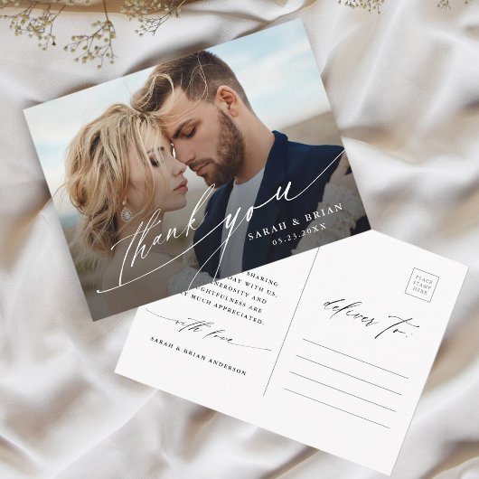 Modernes Chic Calligraphy Wedding Foto Vielen Dank Postkarte