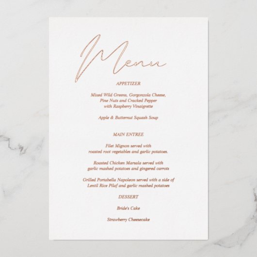 Modernes Chic Foil & White Menu Folieneinladung (Vorderseite)