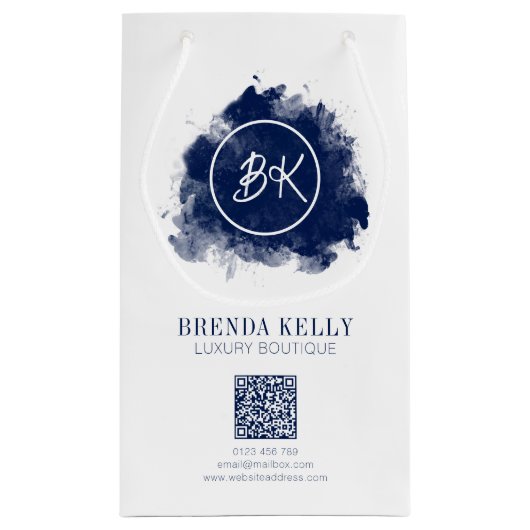 Modernes Chic Monogram Navy & White QR Code Busine Kleine Geschenktüte (Rückseite)