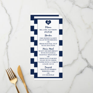 Modernes Chic Navy Blue & White Wedding Menu Menükarte