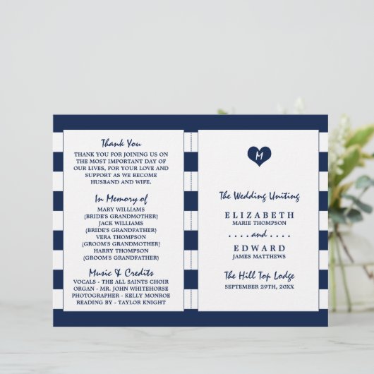 Modernes Chic Navy Blue & White Wedding Programm (Stehend Vorderseite)