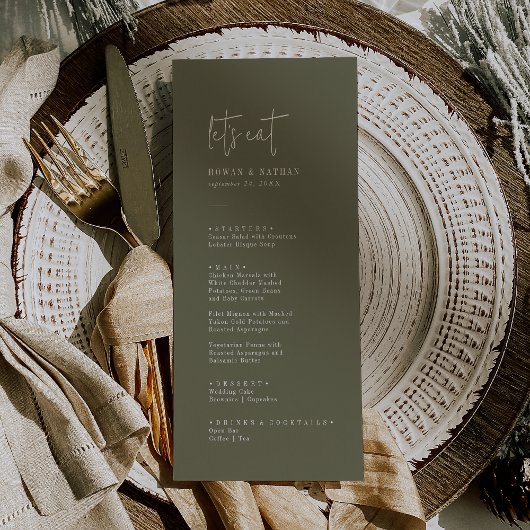 Modernes Chic Olive Green Let's Eat Wedding Menu Menükarte