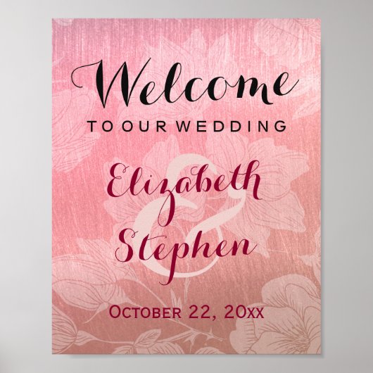Modernes Chic Rose Gold Floral Wedding Sign Poster (Vorne)