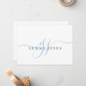 Modernes Chic Script Blue Monogram Initials minima Mitteilungskarte (Vorderseite/Rückseite Beispiel)