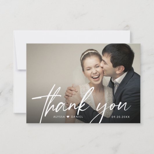 Modernes Chic Script Heart Wedding Foto Dankeskarte (Vorderseite)