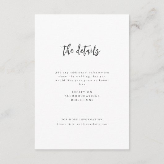 Modernes Chic Script Minimalistisch Wedding Detail Begleitkarte (Vorderseite)