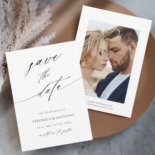 Modernes Chic-Script Schwarz & Weiß-Foto Save The Date