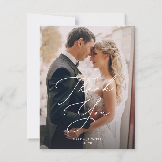 Modernes Chic-Skript Hochzeit von zwei Fotos Dankeskarte (Vorderseite)