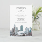 Modernes Chicago Wedding Skyline Black & White Einladung (Stehend Vorderseite)