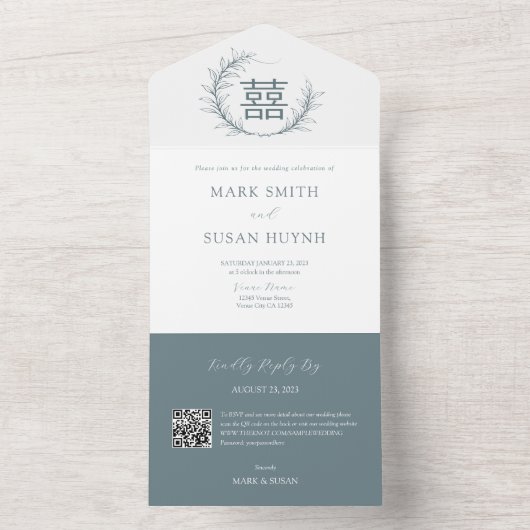 Modernes Chinesisch in einer Hochzeitseinladung All In One Einladung (Innen Boden)