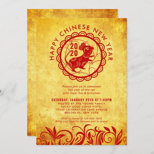 Modernes chinesisches Neujahr des Rattengolden-Par Einladung (Vorne/Hinten)