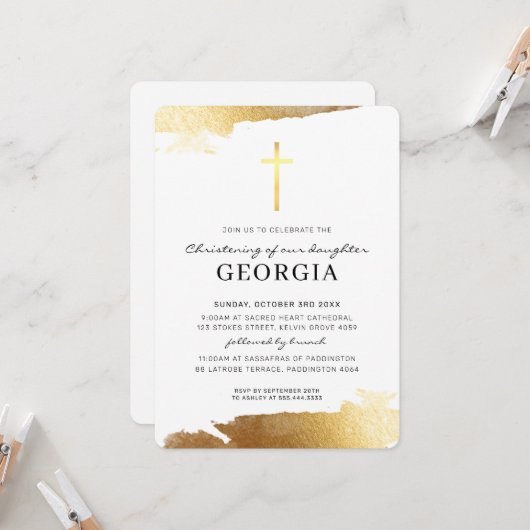 MODERNES CHRISTENENING-Goldfolie-Kreuz Einladung (Vorderseite/Rückseite Beispiel)