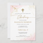 Modernes Christliches Rosa-Gold-Cross-Girening Einladung (Vorderseite)