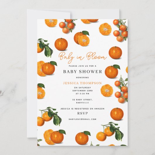 Modernes Citrus Orange Baby in Bloom Baby Dusche Einladung (Vorderseite)