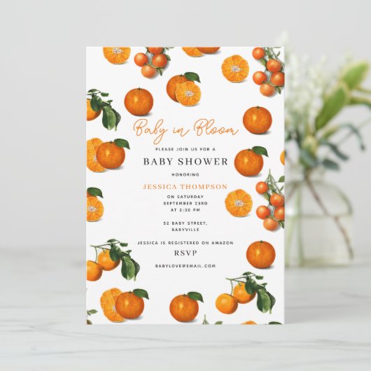 Modernes Citrus Orange Baby in Bloom Baby Dusche Einladung (Stehend Vorderseite)