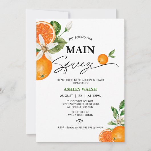 Modernes Citrus Orange Main Squeeze Brautparty Einladung (Vorderseite)