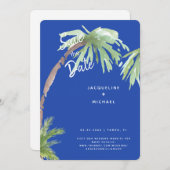 Modernes Cobalt Blue Tropical Rounded Save The Date (Vorne/Hinten)