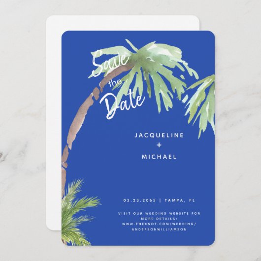 Modernes Cobalt Blue Tropical Rounded Save The Date (Vorne/Hinten)