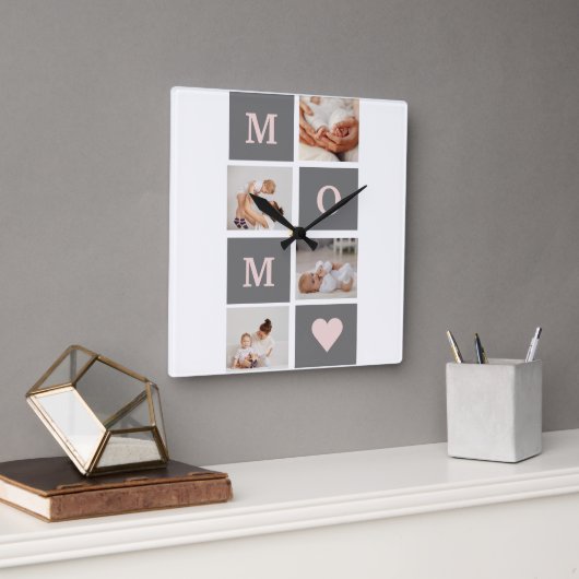 Modernes Collage Foto Beste Mama Rosa & Grau Gesch Quadratische Wanduhr (Büro)