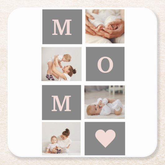 Modernes Collage Foto Beste Mama Rosa & Grau Gesch Rechteckiger Pappuntersetzer (Vorderseite)