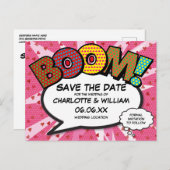 Modernes Comic Book Wedding Pink Save the Date Postkarte (Vorne/Hinten)