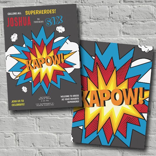 Modernes Comic Buch KAPOW Pop Geburtstag Einladung