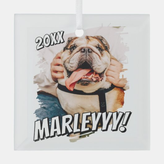 Modernes Comic Einfaches Grunge Custom Pet Foto Ornament Aus Glas (Vorderseite)