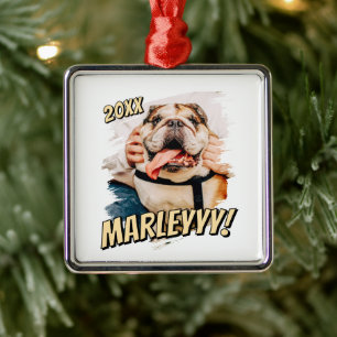 Modernes Comic Einfaches Grunge Custom Pet Foto Ornament Aus Metall