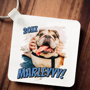 Modernes Comic Einfaches Grunge Custom Pet Foto Schlüsselanhänger