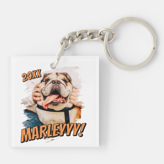 Modernes Comic Einfaches Grunge Custom Pet Foto Schlüsselanhänger (Rückseite)