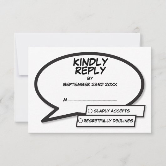Modernes Comic mit Schwarz-Weiß-Hochzeit RSVP Karte (Vorderseite)
