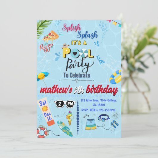 Modernes Cooles Schwimmbad Sommerfeier Einladung (Stehend Vorderseite)