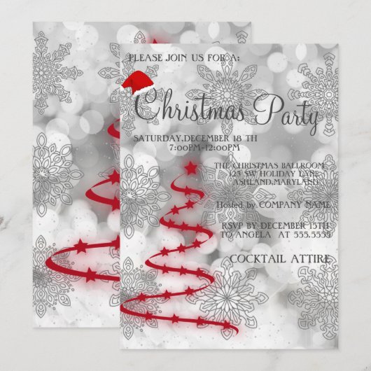 Modernes, Cooles Silber, Roter Weihnachtsbaum Einladung (Vorne/Hinten)