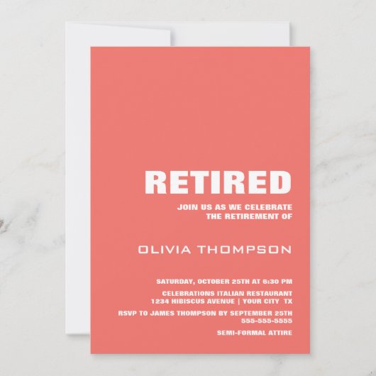 Modernes Coral Minimalistisch Retirement Party Einladung (Vorderseite)